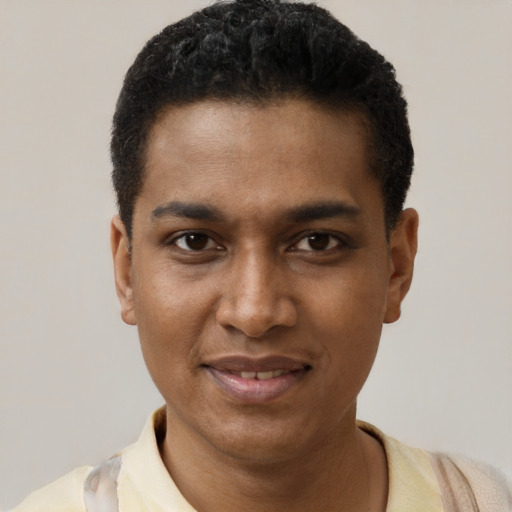 Joyful black young-adult male with short  black hair and brown eyes