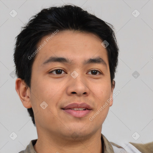 Joyful asian young-adult male with short  brown hair and brown eyes