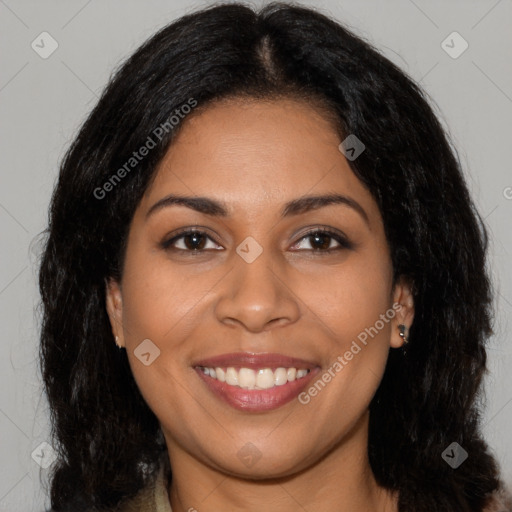 Joyful latino young-adult female with long  brown hair and brown eyes