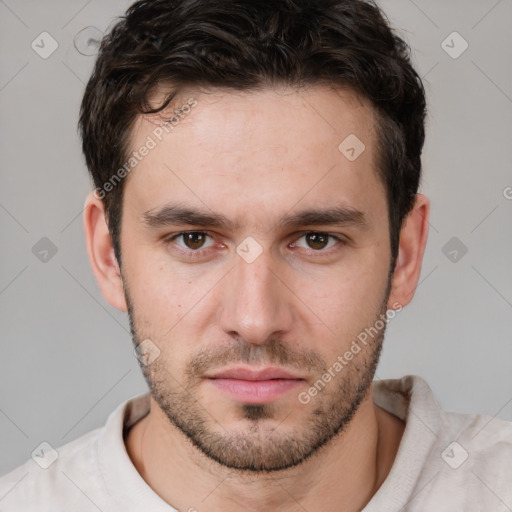 Neutral white young-adult male with short  brown hair and brown eyes