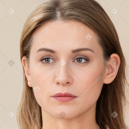 Neutral white young-adult female with long  brown hair and grey eyes