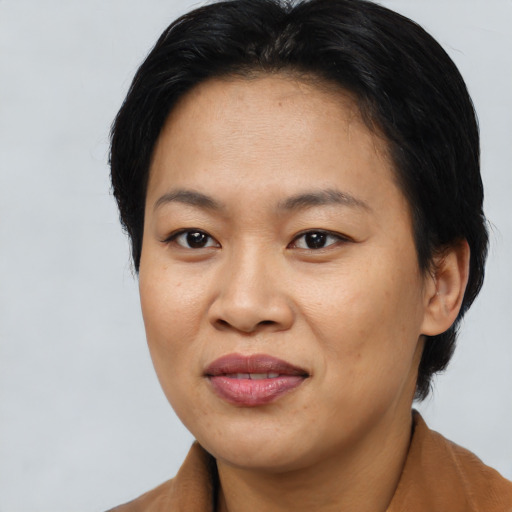 Joyful asian young-adult female with short  brown hair and brown eyes