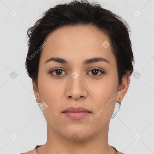 Neutral latino young-adult female with short  brown hair and brown eyes