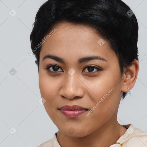 Joyful asian young-adult female with short  brown hair and brown eyes