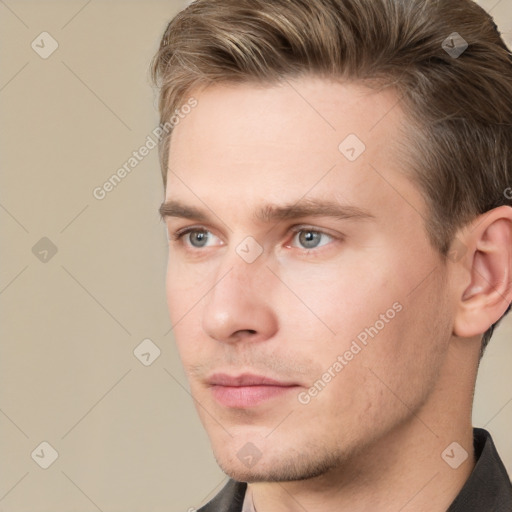 Neutral white young-adult male with short  brown hair and grey eyes