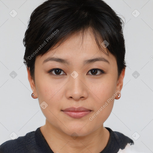 Joyful asian young-adult female with short  brown hair and brown eyes