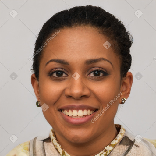 Joyful latino young-adult female with short  brown hair and brown eyes