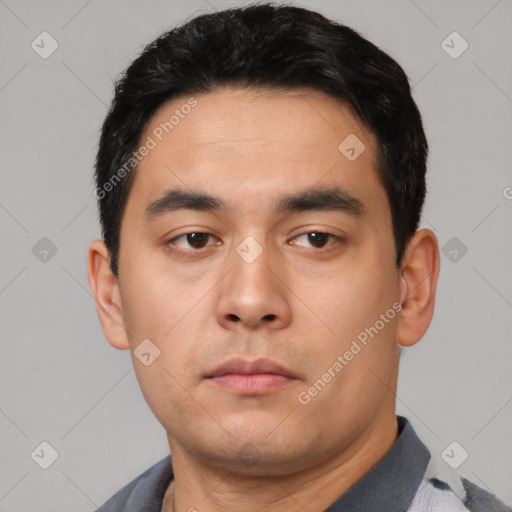 Neutral asian young-adult male with short  black hair and brown eyes