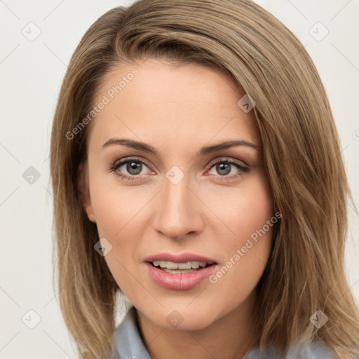 Joyful white young-adult female with medium  brown hair and green eyes