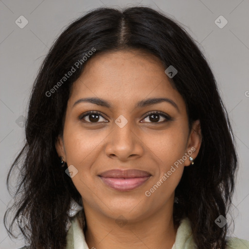 Joyful black young-adult female with medium  brown hair and brown eyes