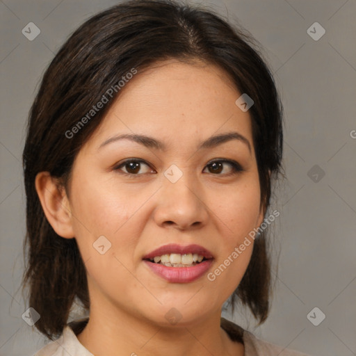 Joyful white young-adult female with medium  brown hair and brown eyes