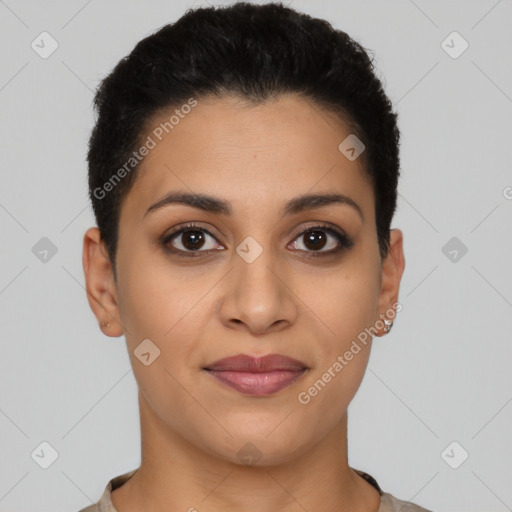 Joyful latino young-adult female with short  brown hair and brown eyes