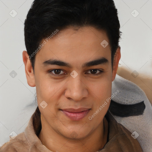 Joyful latino young-adult male with short  brown hair and brown eyes