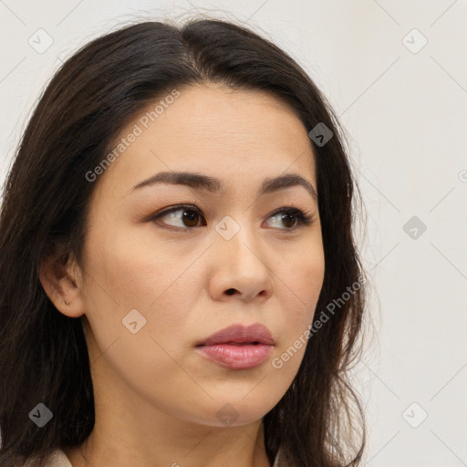 Neutral white young-adult female with long  brown hair and brown eyes