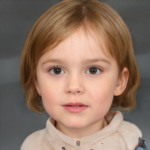 Neutral white child female with medium  brown hair and blue eyes