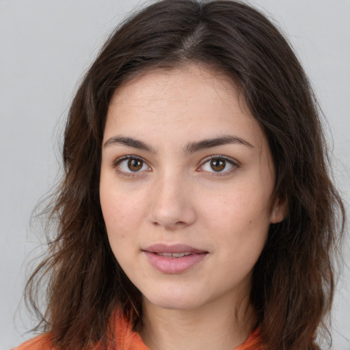 Neutral white young-adult female with medium  brown hair and brown eyes