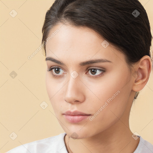 Neutral white young-adult female with short  brown hair and brown eyes