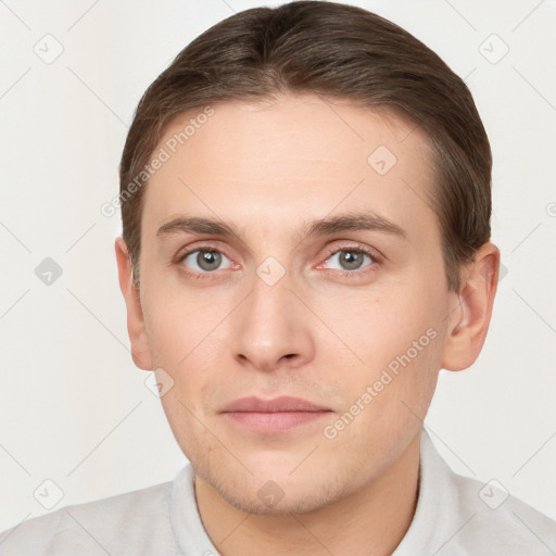 Neutral white young-adult male with short  brown hair and brown eyes