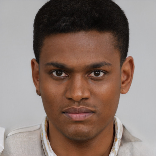 Neutral black young-adult male with short  brown hair and brown eyes