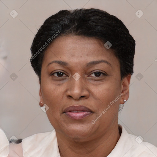 Joyful black adult female with short  brown hair and brown eyes