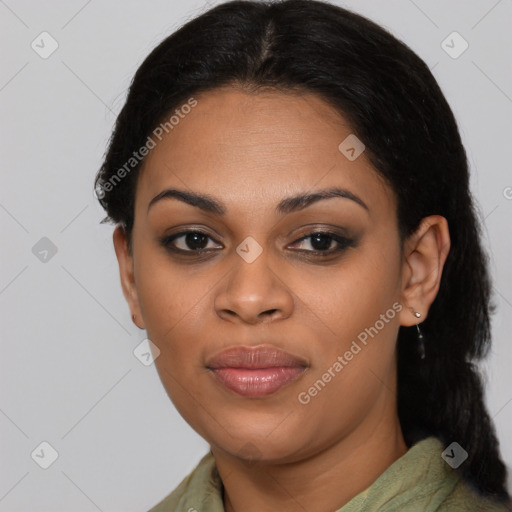 Joyful asian young-adult female with long  black hair and brown eyes