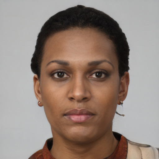 Neutral black young-adult female with short  black hair and brown eyes