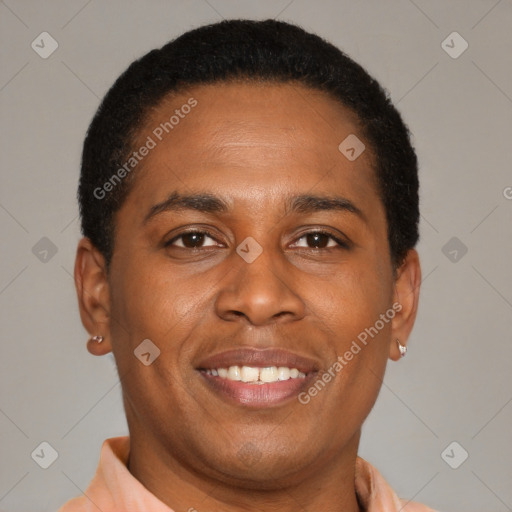 Joyful latino adult male with short  brown hair and brown eyes