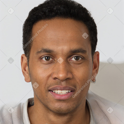 Joyful black young-adult male with short  brown hair and brown eyes