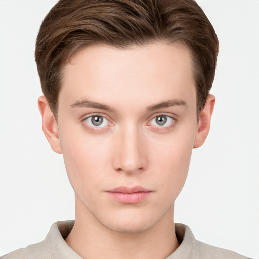 Neutral white young-adult male with short  brown hair and grey eyes