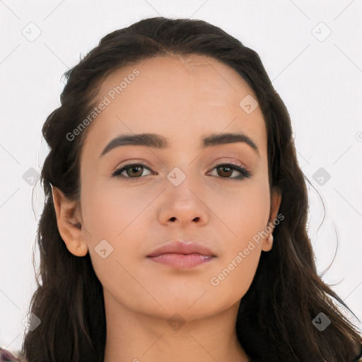 Neutral white young-adult female with long  brown hair and brown eyes