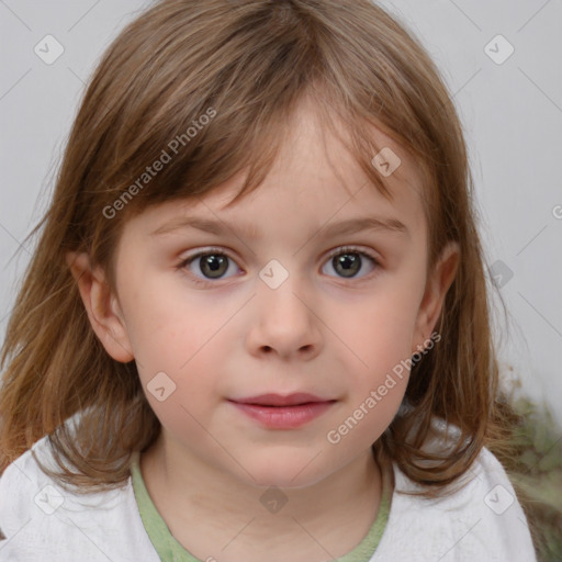 Neutral white child female with medium  brown hair and blue eyes