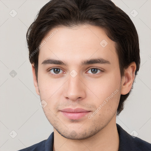 Neutral white young-adult male with short  brown hair and brown eyes