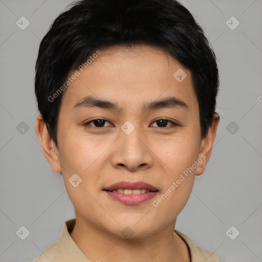 Joyful asian young-adult male with short  brown hair and brown eyes