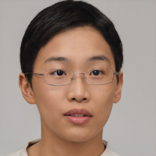 Neutral asian young-adult female with short  brown hair and brown eyes