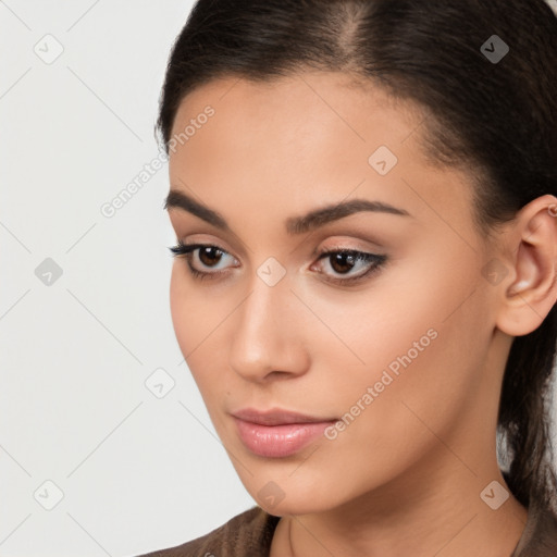 Neutral white young-adult female with medium  brown hair and brown eyes