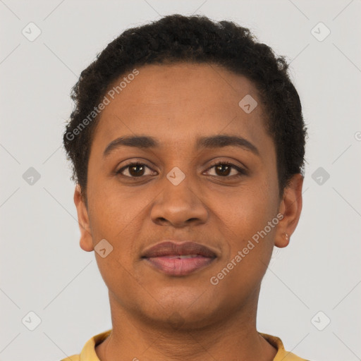 Joyful latino young-adult female with short  brown hair and brown eyes