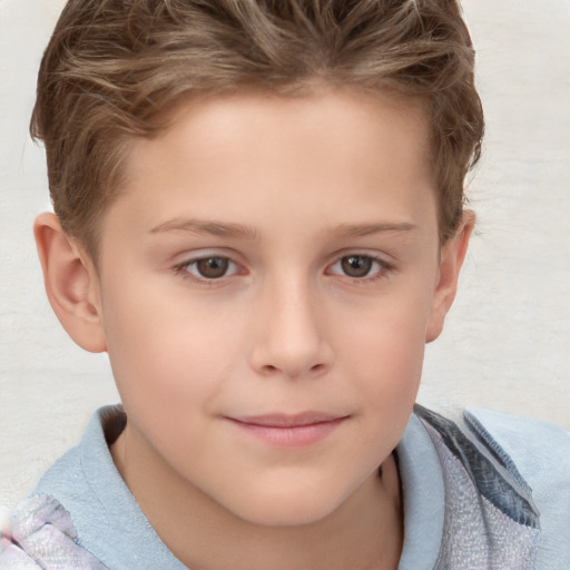 Joyful white child female with short  brown hair and grey eyes