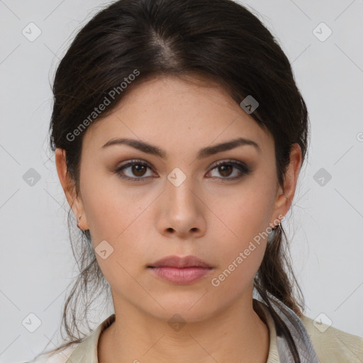 Neutral asian young-adult female with medium  brown hair and brown eyes