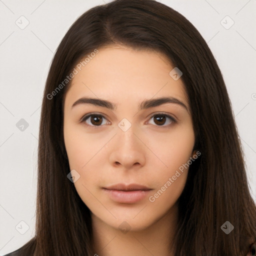 Neutral white young-adult female with long  brown hair and brown eyes