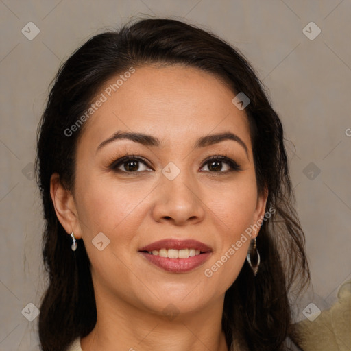 Joyful white young-adult female with medium  brown hair and brown eyes