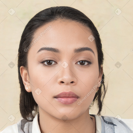 Neutral asian young-adult female with medium  black hair and brown eyes