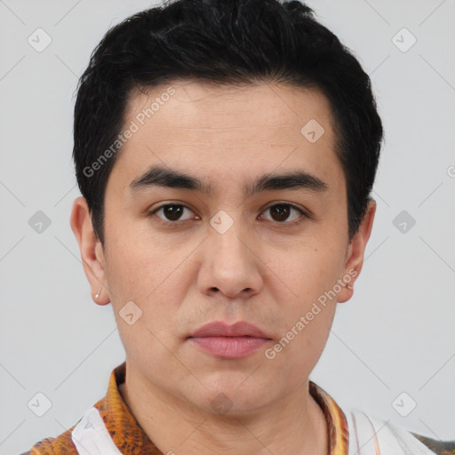 Joyful latino young-adult male with short  black hair and brown eyes
