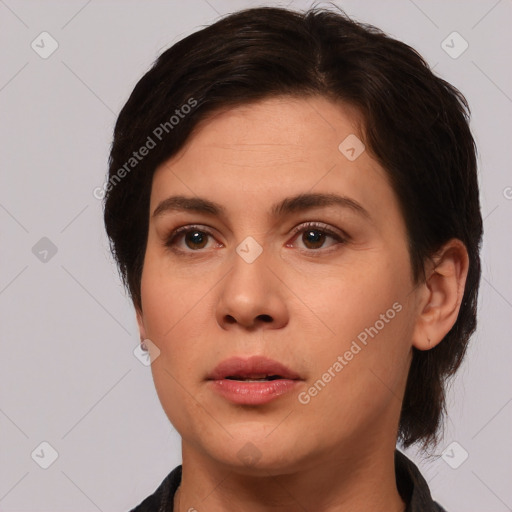 Neutral white young-adult female with medium  brown hair and brown eyes