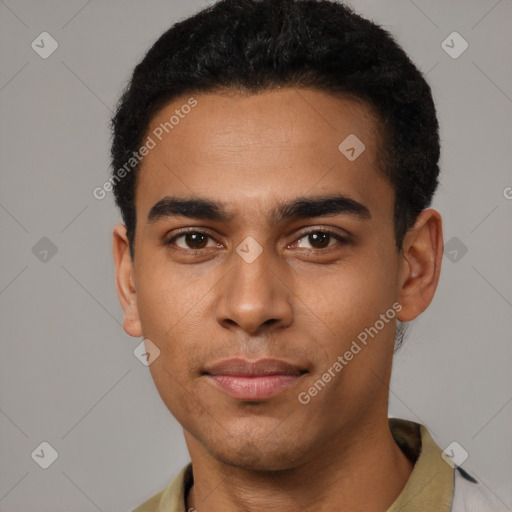 Neutral latino young-adult male with short  black hair and brown eyes