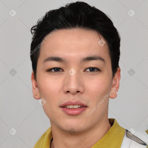 Neutral asian young-adult male with short  black hair and brown eyes