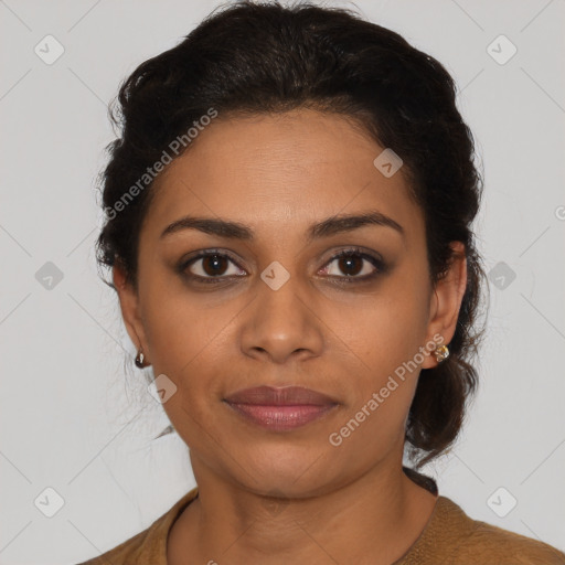 Joyful latino young-adult female with short  brown hair and brown eyes