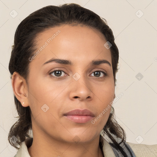 Neutral white young-adult female with medium  brown hair and brown eyes