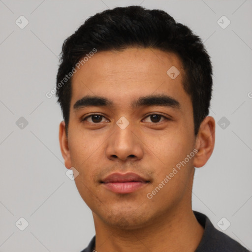 Neutral asian young-adult male with short  black hair and brown eyes