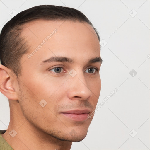 Neutral white young-adult male with short  brown hair and brown eyes