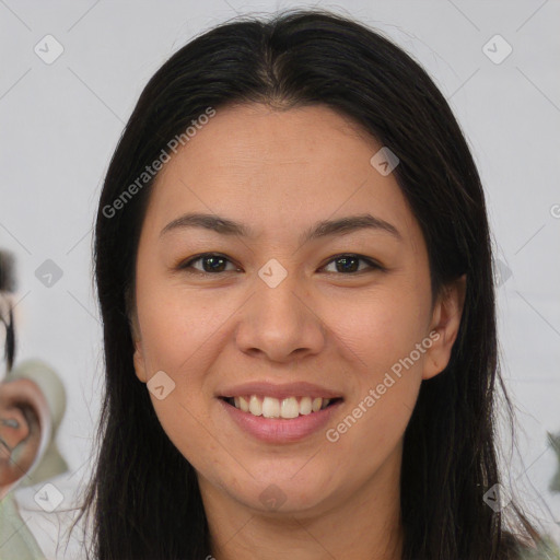 Joyful white young-adult female with long  brown hair and brown eyes